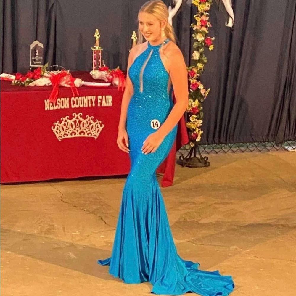 Johnathan Kayne Blue Asymmetrical Ruched Prom Gown